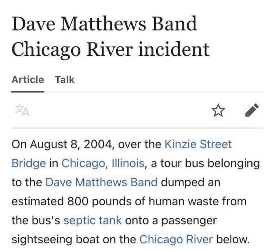 Happy Dave Matthews Band Chicago River Incident Day...  💩💩💩
18 years ago today, a sh*ty band did a pretty sh*tty thing. Never Forget!!!
#davematthewsband #NeverForget #ChicagoRiver