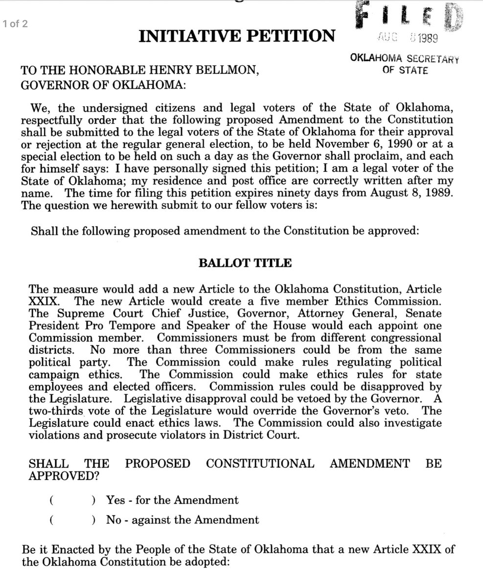 ashleyk2515's tweet photo. 33 years ago today: OK citizens filed the IP that led to the creation of a constitutionally protected Ethics Commission.  A bipartisan, independent, well thought out (except for funding IMO) approach to regulate conduct of state campaigns &amp; state officials. @EthicsOKgov #OKleg https://t.co/lY0wOMaDEq