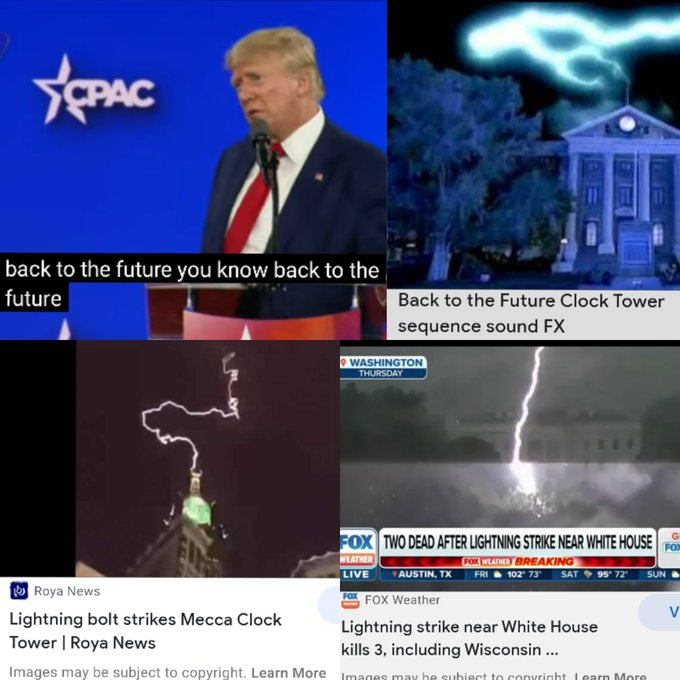 DonnieDarkened's tweet photo. What's also interesting is that within 24 hours of 8/8, Donald Trump mentions "Back to the Future" at a speech, and lightning strikes the Mecca Clock Tower, mirroring BTTF. As well as in DC.

They had to go 88 MPH to open the wormhole in the movie, very interesting. https://t.co/pp5Z9jbA9k