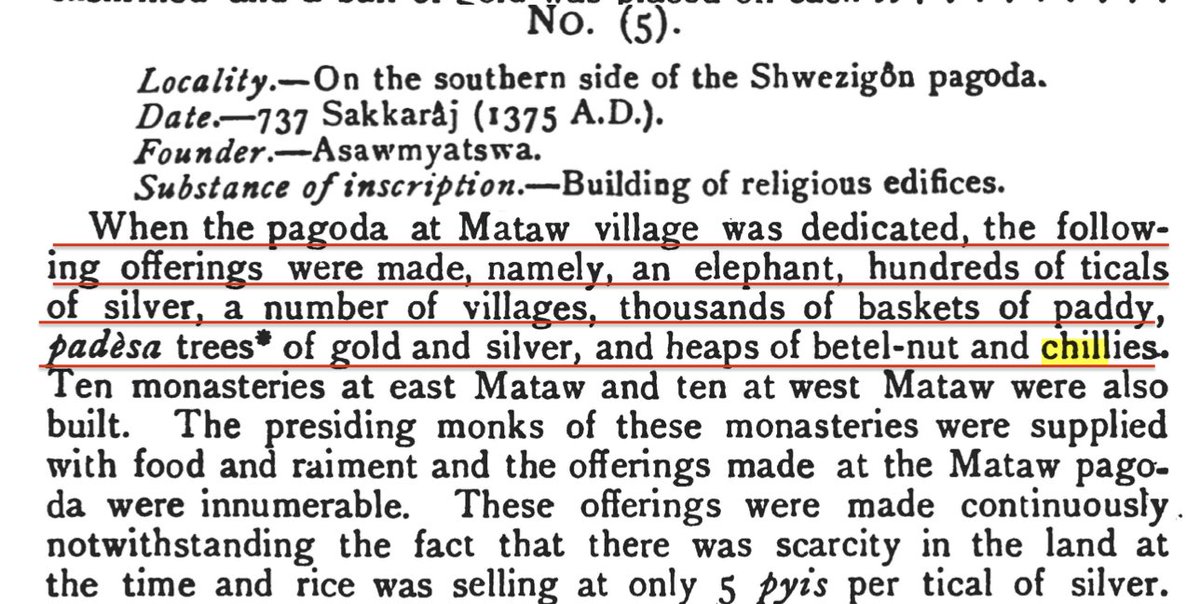 MumukshuSavitri's tweet photo. 1
Audrey's getting tiresome.

Indo Pali inscriptions from Bagan, Burma, dated to 1248 CE &amp; 1375 CE refer specifically to chilies as payment for construction of pagodas &amp; donation to monasteries.

That's more than 200 years before Europeans ever saw the shores of the Americas. https://t.co/u4t9yrADWW
