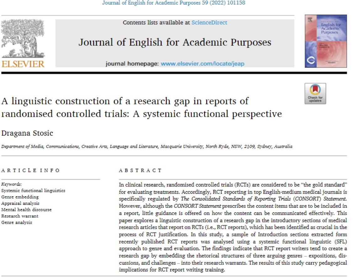 D_Stosic's tweet image. Delighted to be able to share my new article exploring the construction of a research gap in research articles from an SFL perspective (focusing on genre embedding and appraisal). Free access until 20th Sept --&amp;gt; authors.elsevier.com/a/1fVvW5FQORiF…  #sysfunc #sysfling #sflig #ASFLANet