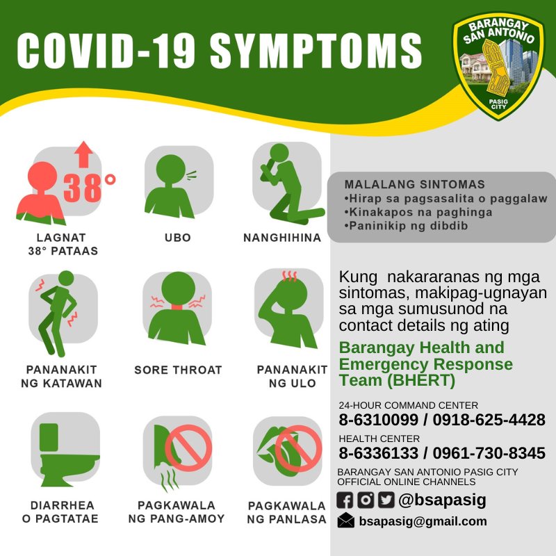 bsapasig's tweet photo. Mahalagang alam natin ang mga sintomas ng COVID. π‘ Makipag-ugnayan sa ating Barangay Health Emergency Response Team (BHERT) βοΈπ± or contact Barangay San Antonio Pasig City (@bsapasig) official online channels. ππ»
#BeatCOVID19 #KeepSafeBSA #TuloyAngSerbisyoBSA https://t.co/K6dkD4VHkd