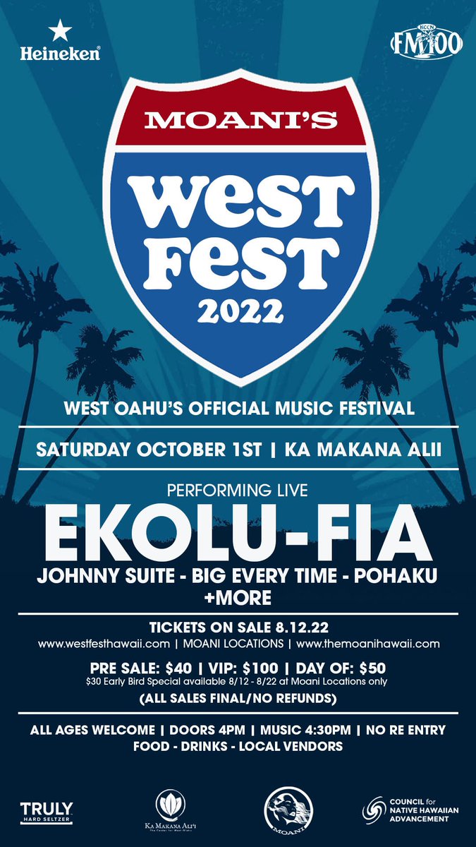 JohnnySuite's tweet image. ‼️SHOW ANNOUNCEMENT‼️

Moani’s West Fest goin down Sat, Oct 1 at Ka Makana Ali’i featuring myself, @Ekolu @theartistfia @BET_BigEveryTime @PohakuMusic and more! 

Limited $30 Early Bird tickets now available at both Moani’s locations.

Online sales available this Fri, Aug 12 😎