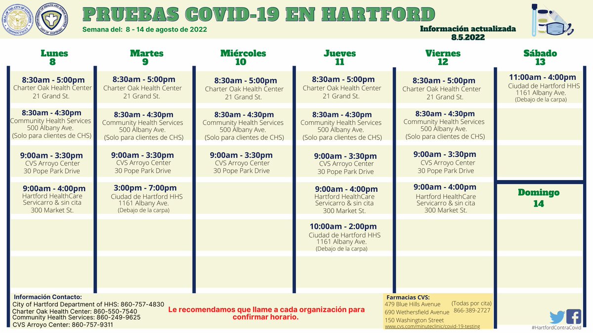 HartfordHealth's tweet photo. #Hartford Aquí está el calendario #COVID19 de esta semana. Asegúrate de hacerte la prueba y vacunarte, así como tomar tus vitaminas diarias 🌞 https://t.co/7iGW5nVao0