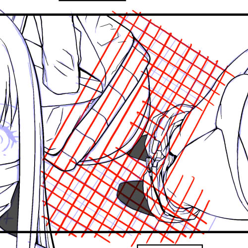 程よい抜けた感じも背景に入れたいのでタイルはアナログ定規で手感覚パースでひいて、その線を縁取り機能で描画したものを微調整。自分の作風だと真面目と手抜きのバランスがこのあたり。 