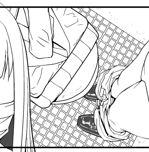 程よい抜けた感じも背景に入れたいのでタイルはアナログ定規で手感覚パースでひいて、その線を縁取り機能で描画したものを微調整。自分の作風だと真面目と手抜きのバランスがこのあたり。 