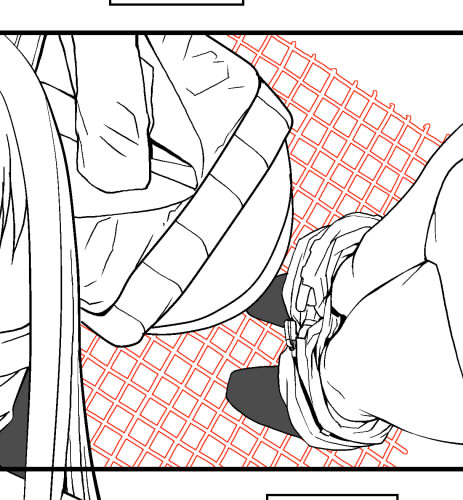 程よい抜けた感じも背景に入れたいのでタイルはアナログ定規で手感覚パースでひいて、その線を縁取り機能で描画したものを微調整。自分の作風だと真面目と手抜きのバランスがこのあたり。 