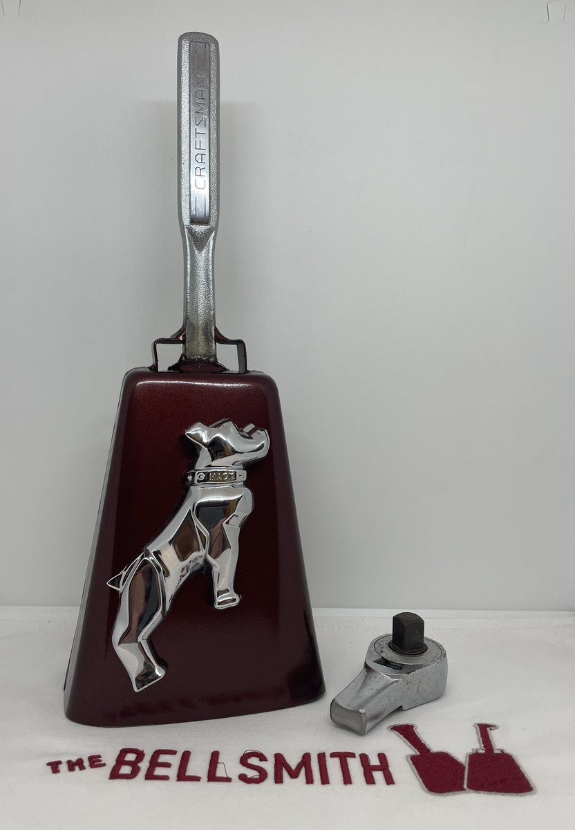 thebellsmith's tweet photo. The best #cowbells to make are the ones with stories. The only way to make that better is when it’s for a former student who is now a friend. The handle is one of his dad’s ratchets and we added the #MACKBulldog since he drove them for a living. #HailState #Bellsmith https://t.co/5X0Jjsbn9V