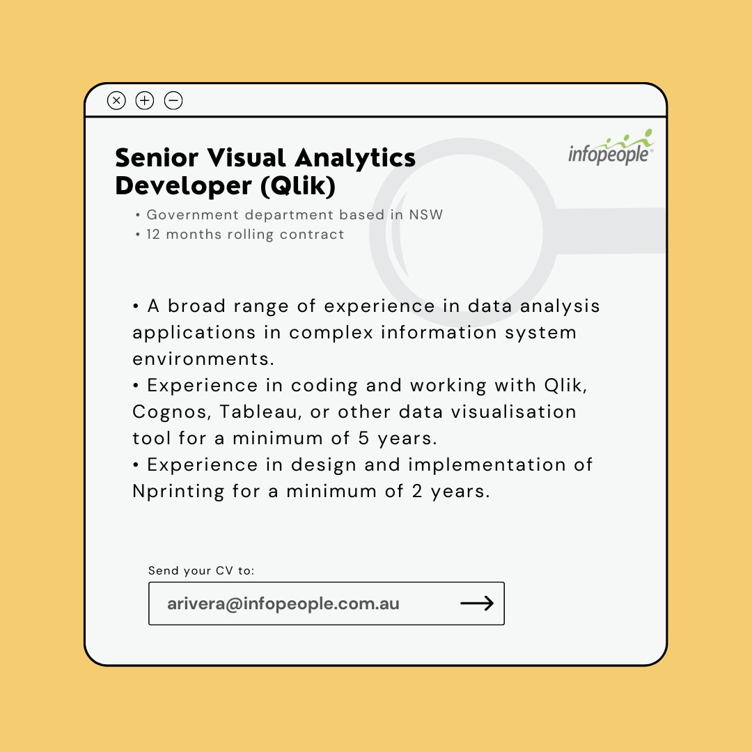 Infopeopleau's tweet image. We are hiring!

Title: Visual Analytics Developer (Qlik)
Location: Government department based in NSW
Duration: 12 months rolling contract

To know more about the role, please reach out to Anne 
at 02 8227 4526 / arivera@infopeople.com.au. Thank you!

#hiring #AnalyticsDeveloper