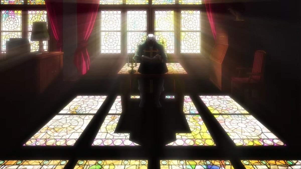 The stained-glass windows and dramatic lighting really add a lot to this scene 