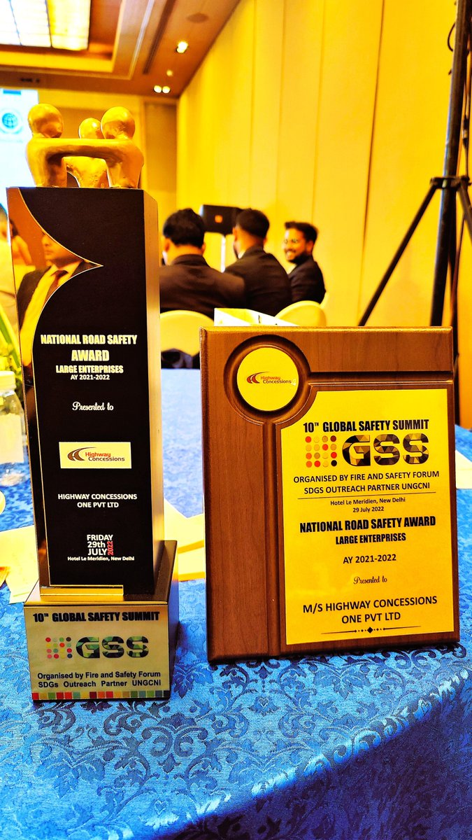 HighwayConcess1's tweet photo. #HC1 won the National #Road #Safety Award for FY-22 at the 10th Global Safety Summit conducted at Delhi. During the event, Mr. Vicky Pagare delivered a brief presentation on HC1 #HSE, #CSR Approach &amp; Best Practices. We strive forward with our firm commitment to HSE in our system. https://t.co/s35MS3aDRJ