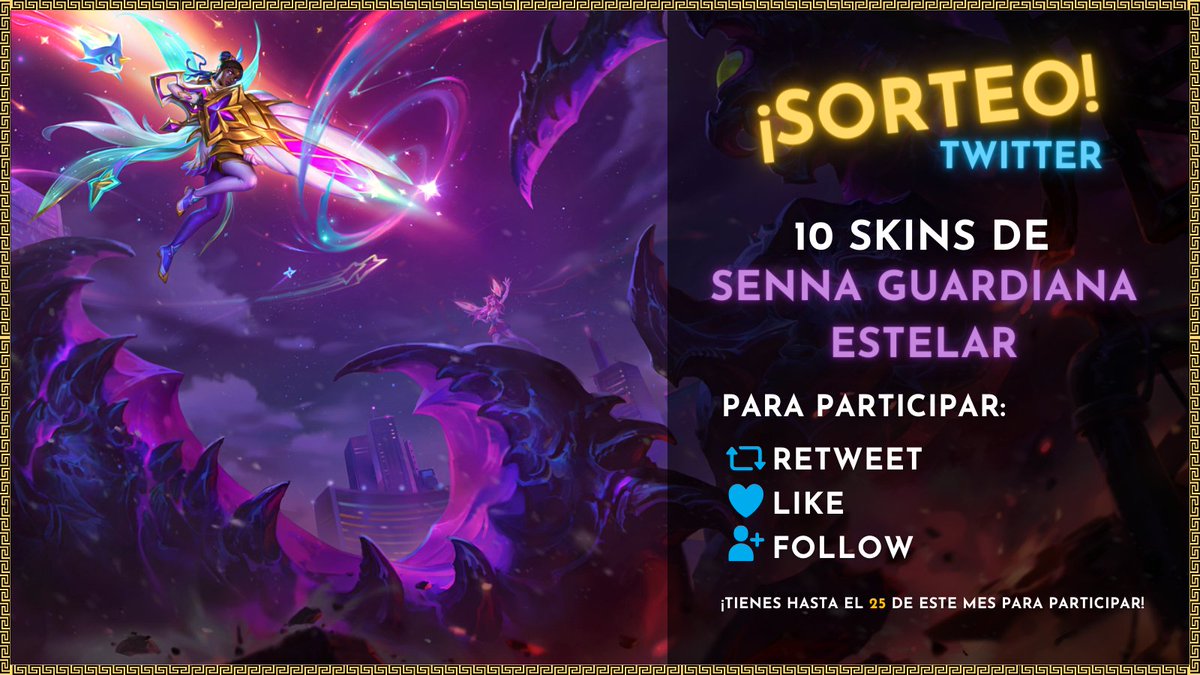 SORTEO TWITTER SENNA GUARDIANA ESTELAR

Voy a sortear 10 skins de Senna en #LoR gracias al #LeaguePartner 

Para participar solo debes seguirme, así como también dar retweet y like a esta publicación.

⚠ Tienen hasta el 25 de este mes para participar. 

¡Mucha suerte a todos! 👍