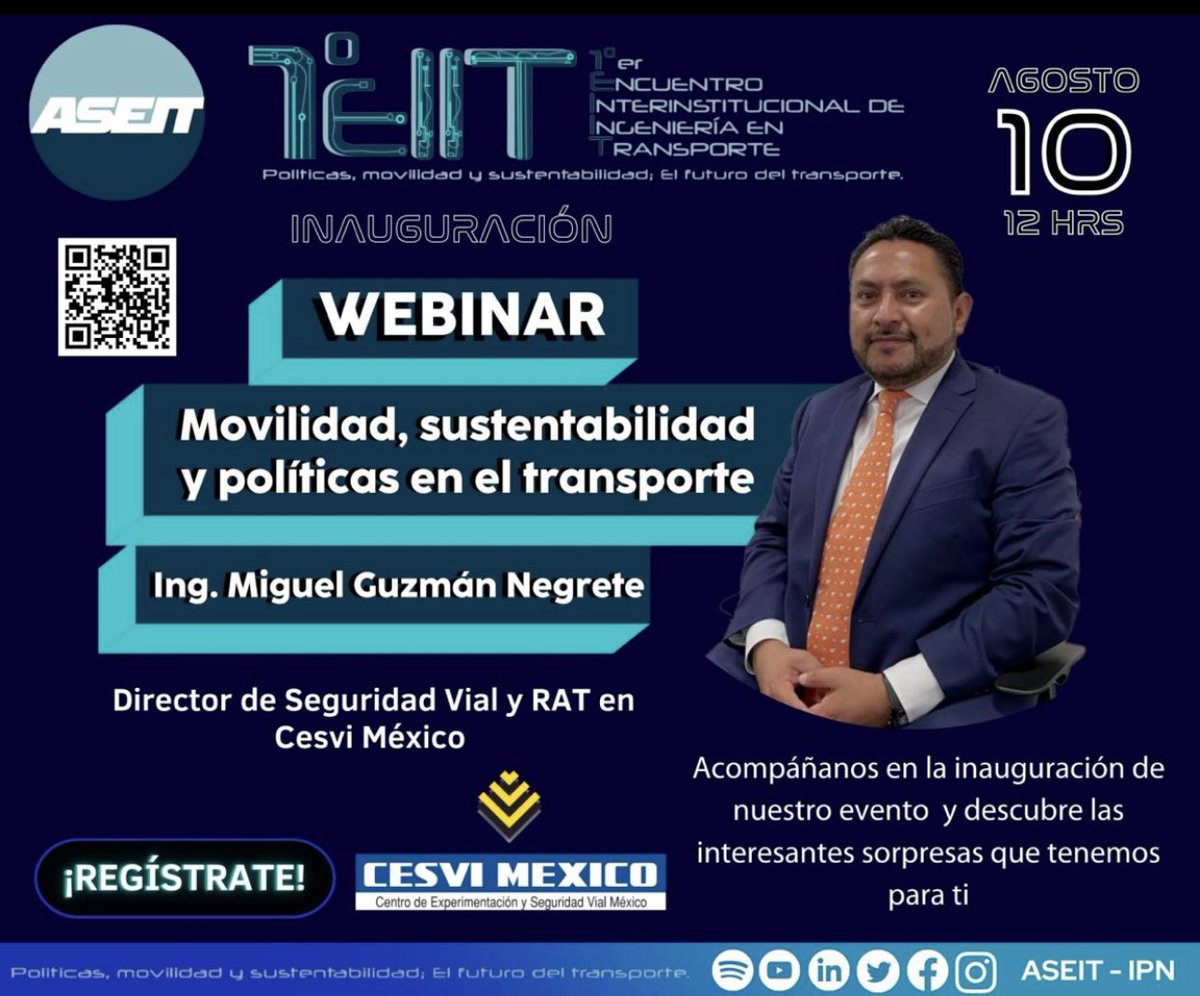 MiguelGuzmanCMX's tweet photo. Movilidad, sustentabilidad y políticas en el transporte de la mano con el Director de Seguridad Vial y RAT en Cesvi México
Miércoles 10 de Agosto a las 12 hrs
Regístrate siguiente enlace: https://t.co/QKnGpYcQcw
#ASEIT #IPN #1erEncuentroInterinstitucional #IngenieríaenTransporte https://t.co/ohe5hsve79