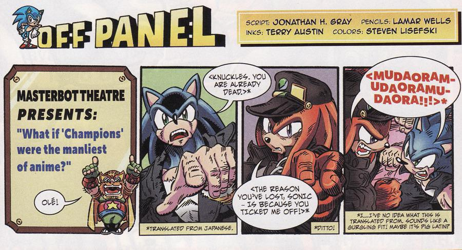 semifreqsonic's tweet photo. In the off-panel of Archie's Sonic the Hedgehog #270, Sonic is drawn as Fist of the North Star's Kenshiro while Knuckles is drawn as Jotaro Kujo from Jojo's Bizarre Adventure. https://t.co/fDmS0lLDts