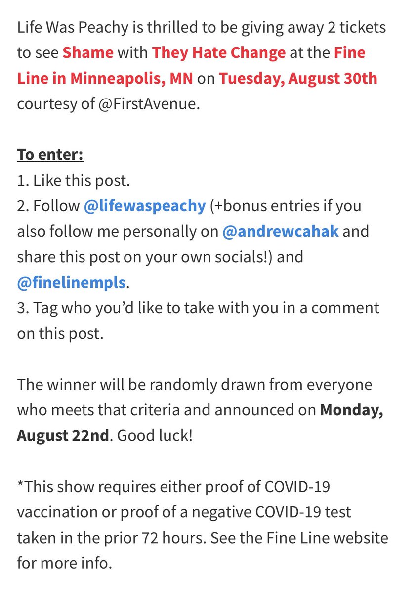 lifewaspeachy's tweet photo. Life Was Peachy is thrilled to be giving away 2 tickets to see @shamebanduk with @TheyHateChange at the @FineLineMPLS in Minneapolis, MN on Tuesday, August 30th courtesy of @FirstAvenue. See details in the photos to enter.
#shame #drunktankpink #theyhatechange #finelinempls https://t.co/at9B3Rbw6A
