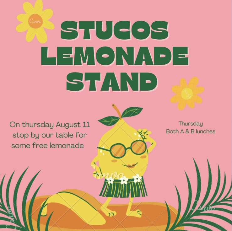 Hey Falcons! Our STUCO dash committee wants to keep you all hydrated by bringing a lemonade stand this Thursday august 11 during both a and b lunches!Make sure to come out and drink some lemonade!🍋