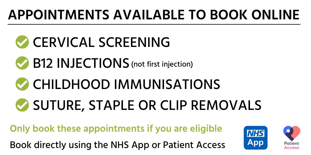 LMP patients can now book childhood immunisations and suture, staple and clip removals directly via the NHS App and Patient Access.
For more about how book these appointments, visit: lancastermedicalpractice.co.uk/online-service….
Please only book into these appointments if you are eligible.