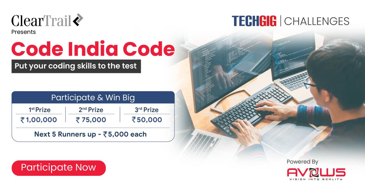 techgigdotcom's tweet image. Inviting all #programmers 👨🏻‍💻👩🏻‍💻 to the #CodeIndiaCode with ClearTrail, a #coding competition that provides a platform full of opportunities to sharpen your #algorithmic #skills. Participate now ➡️ bit.ly/3dhY2uj &amp;amp; stand a chance to win amazing prizes.  
#TechGig #Java