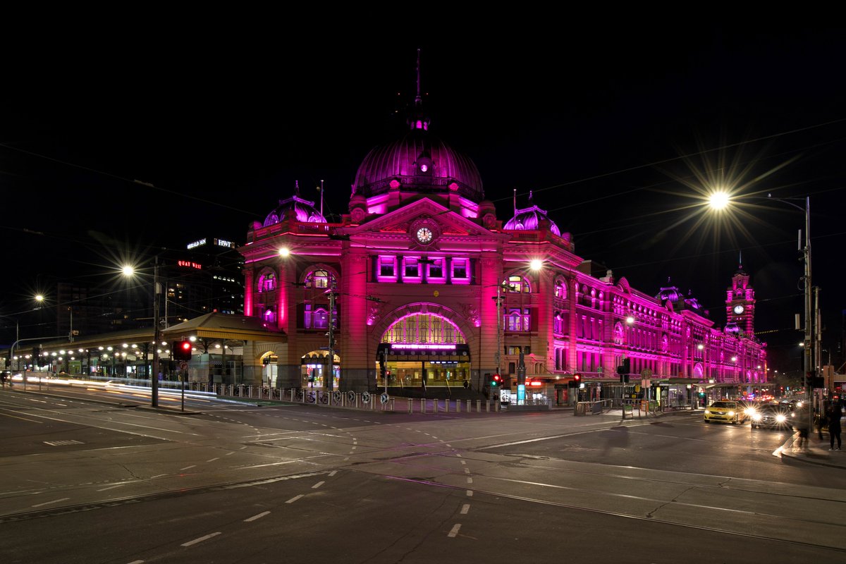 DevelopmentVic's tweet photo. In recognition of the passing of Olivia Newton-John, and the establishment of the Cancer Wellness and Research Centre named in her honour, we will be lighting #FlindersStreetStation pink tonight. https://t.co/CsrrwVXd0K
