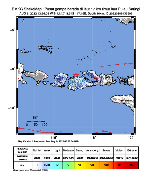 #Gempa Mag:4.7, 09-Agu-22 13:36:09 WIB, Lok:8.34 LS, 117.15 BT (Pusat gempa berada di laut 17 km timur laut Pulau Saringi), Kedlmn:10 Km Dirasakan (MMI) III Kota Sumbawa, III Kab Sumbawa Barat, II Kab Lombok Timur #BMKG