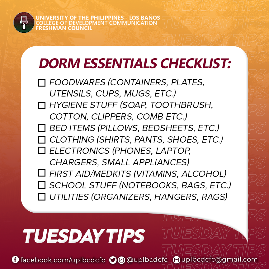 uplbdevcomfc's tweet photo. Hello again, CDC Freshies!
Since many of us are starting to move into dormitories, we created a dorm essential checklist for you to help you prepare for moving in!
Do not forget to bring your essentials with you!
Stay safe, freshies!
#CDCFC
#UPliftCDC
#TuesdayTips https://t.co/Vqo0IDACJF