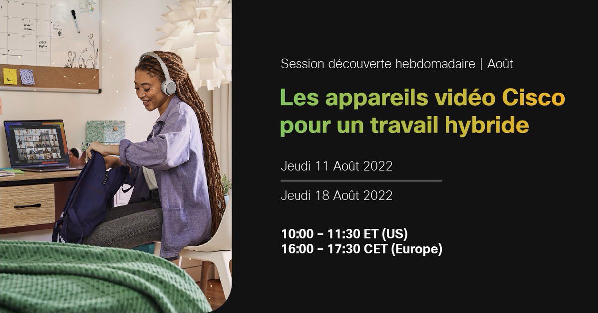 Optez pour l'hybride avec les sessions découvertes hebdomadaires ouvertes aux clients de ce mois-ci !

Équipez votre entreprise avec des appareils de collaboration adaptés au monde du #TravailHybride.

Inscrivez-vous maintenant : cs.co/6015zAHT7