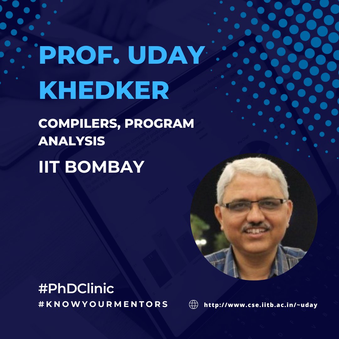 ponguru's tweet image. Thrilled to have Prof. Uday Khedker from @iitbombay join the #phdlinic Mentors!
Areas of work: #Compilers #ProgramAnalysis
Register to interact docs.google.com/forms/d/e/1FAI…
#PhDClinic #KnowYourMentors #ACMIndia #AcademicTwitter \c @Indiaacm