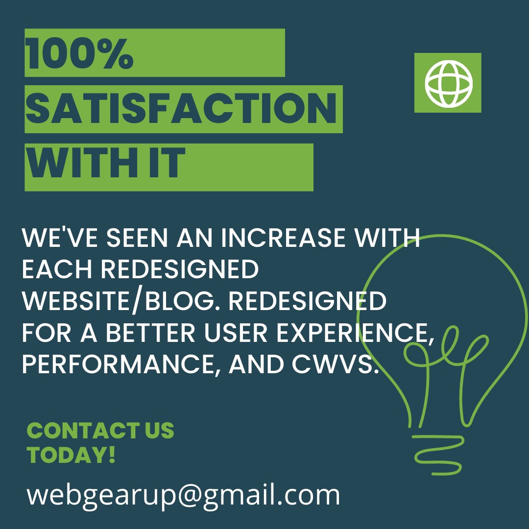 WebGear4's tweet image. We&apos;ve seen an increase with each redesigned website/blog. Redesigned for a better user experience, performance, and CWVs.

#cwv #websitedesign #websiteredesign #seo #blog #wordpress #wordpressdeveloper #wordpressblogger #wordpressexpert #wordpressblog #performance #increase