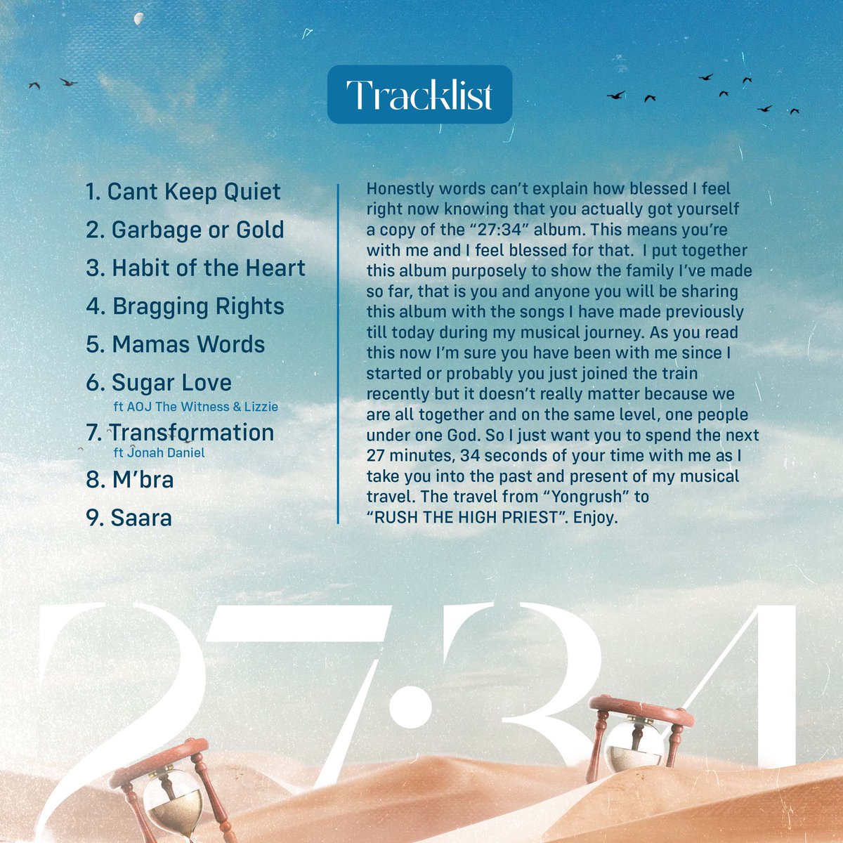 rushthp_'s tweet photo. Official tracklist for the “27:34” album 💿. It drops on the 1st of September so do well to pin it on your calendar. Love ❤️ and respect 🫡. Follow me on @rushrfc1 on all platforms for more info. #RTHP #2734 https://t.co/YzaOCQwvOc