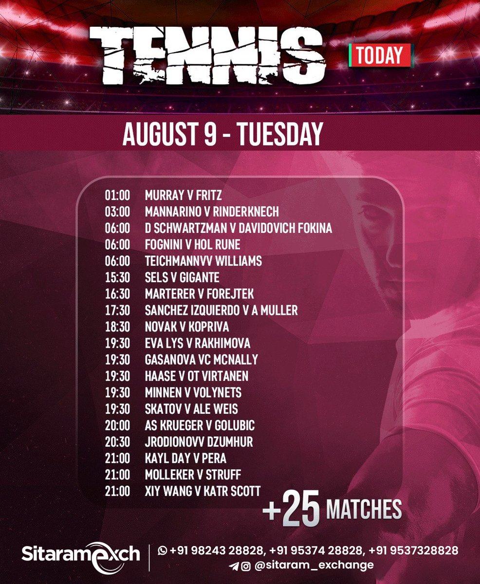 sitaramexchange's tweet photo. 🖼 🖼 WELCOME TO SITARAM EXCHANGE🙏    

🤑🤑India’s Biggest Gaming Platform 🤑🤑    

TODAY'S TENNIS MATCH SCHEDULE

🗓️ 9th August, 2022

*🚨 👑LIMITED TIME OFFER 👑 🚨*

*👉 5% BONUS NOW WITH EXCLUSIVE ID 😎💰*
*👉 24/7 MULTIPLE WITHDRAWAL 🤝*
*👉Min 🆔 100/- Rs Only 💰💸* https://t.co/oPW2dupZLo