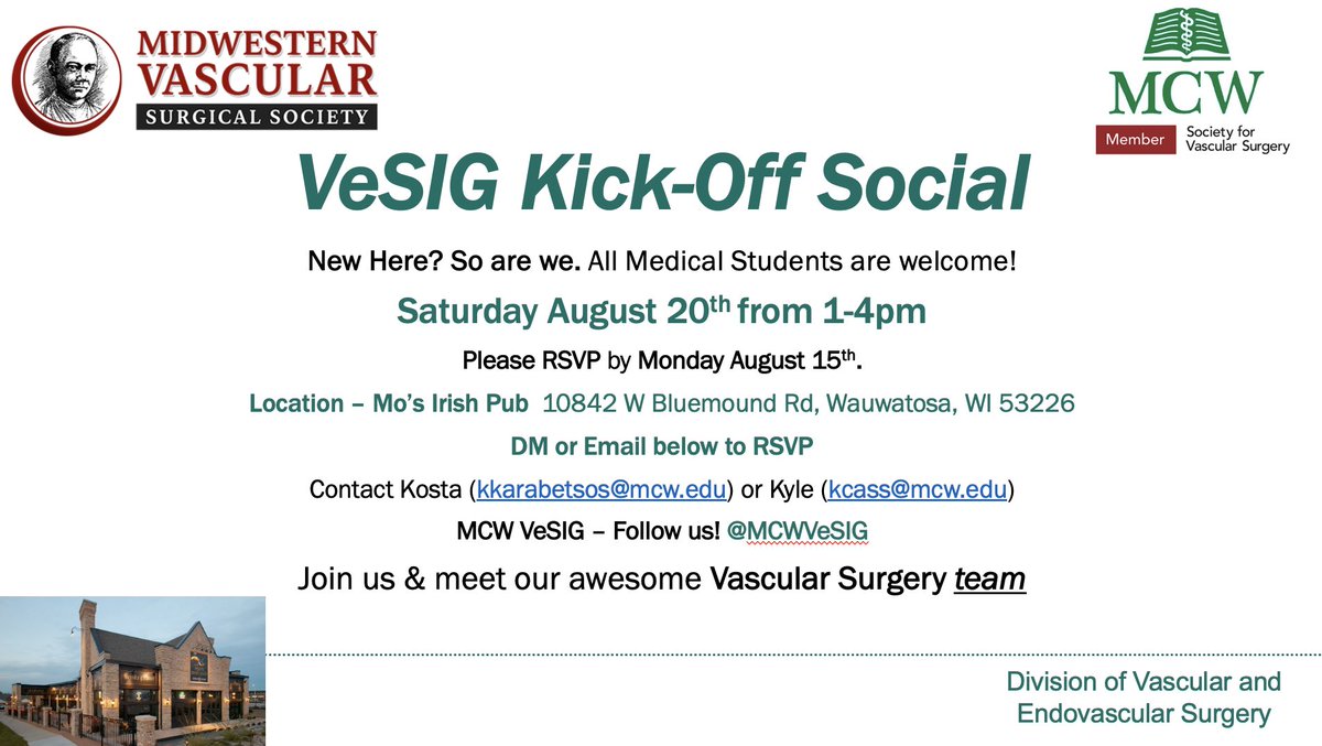 MCWVeSIG's tweet photo. Reminder: Our first act as the coolest interest group on campus is August 20th from 1-4pm at Mo’s Irish Pub on Bluemound. We would love it if you joined us. Let us know if you can make it via DM or email.  #vascularsurgery https://t.co/NXGoruKdUa