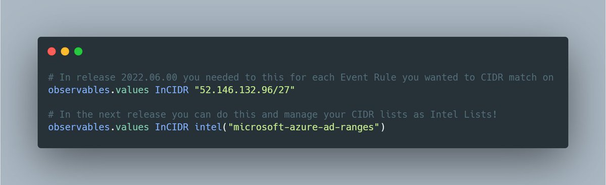 Even more changes to Event Rules in the next release (coming soon). We have introduced a feature so rules can check if IP values are in a list of CIDR ranges in an Intel List.  Allowing updates to many rules at once by updating the Intel List. #soc #infosec #soar