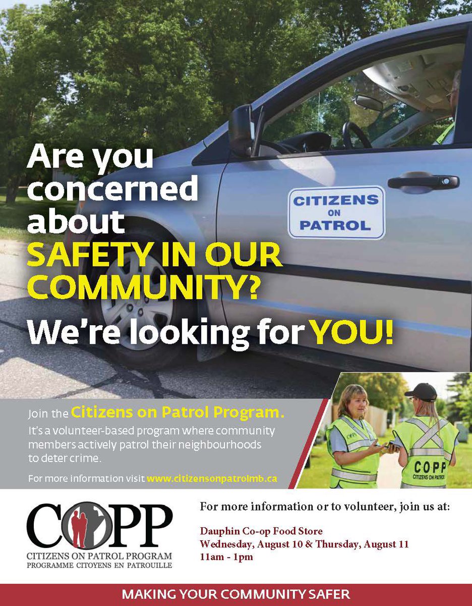 Are you concerned about safety in our community? 

We would like to gauge the interest for COPP (Citizens on Patrol) and seek volunteers for the program. 

If you would like to learn more about this program, stop by the Dauphin Co-op Food Store on Wednesday or Thursday 11am-1pm.
