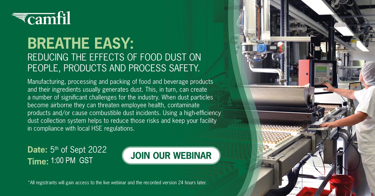 CamfilE's tweet photo. JOIN OUR WEBINAR 'BREATHE EASY: REDUCING THE EFFECTS OF FOOD DUST ON PEOPLE, PRODUCTS AND PROCESS SAFETY'. 

https://t.co/4QsevpkQc7

#cleanairmatters #cleanair #foodandbeverage https://t.co/Gz15jcqBjb