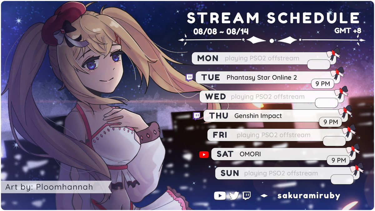 sakuramiruby's tweet photo. ♦️WEEKLY SCHEDULE 08/08 - 08/14♦️
Konruby~ sowwy for the late schedule FINALLY GONNA STREAM PSO2 AGAIN!
Art tag: #rubyillust NSFW: #Rubylat
Live tag: #Rubytostream
Clips: #RubidyoClips
Memes: #Rubinsons
#PHVtuber #ENVtuber https://t.co/tR0AfrRbsy