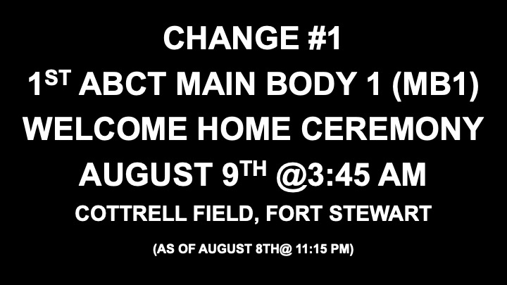 3rd_Infantry's tweet image. CHANGE 1: 1st Armored Brigade Combat Team, 3rd Infantry Division Main Body 1 (MB1) Welcome Home Ceremony will be held on August 9th at 3:45 a.m. on Cottrell Field on Fort Stewart. 
Please see the following link for ceremony updates. 
home.army.mil/stewart/index.……
#RaidersFirst #ROTM