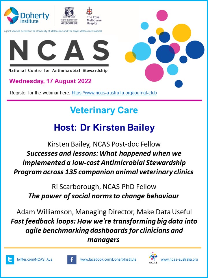 NCAS_Aus's tweet photo. #NCAS journal club next week is all things #veterinary 🐶🐱🐴🐥🐰 From #AMS implementation, understanding #behaviour change and big data transformation for benchmarking, we've got you covered! Register here: https://t.co/mGgYARvv9O @risca_AMS @FVASunimelb https://t.co/fCpFJELLtk