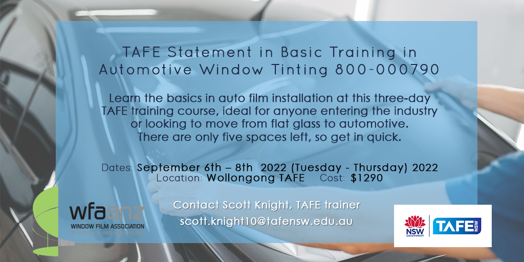 A few spaces are available for the last auto tint training course of 2022, run by TAFE NSW. This is a course for beginners eager to learn the ropes, with a strong focus on hands-on training. If you have questions or want to book a space please email scott.knight10@tafensw.edu.au.
