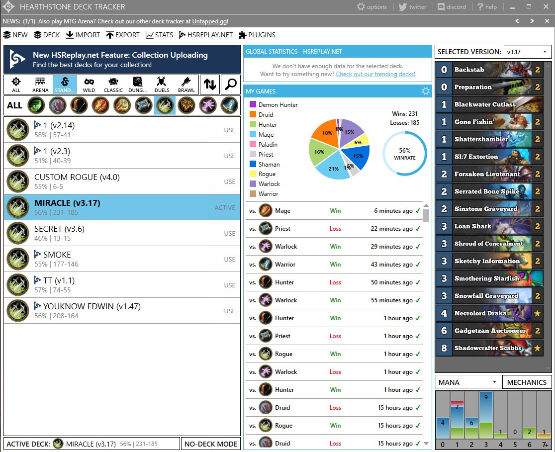 Update on the climb With miracle rogue score 231-185 56% Win Rate should only go up from here confident this is the best list