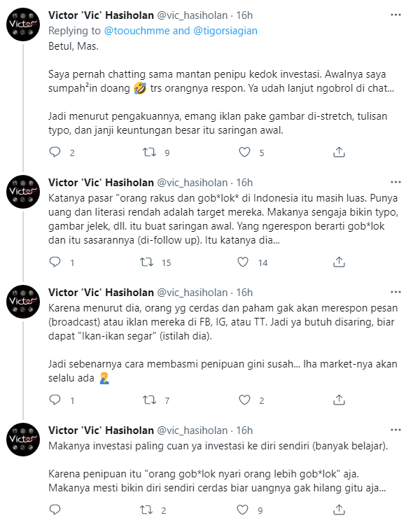 desmondwira's tweet photo. Pernahkah kamu bertanya-tanya kenapa gambar penipuan investasi bodong itu desainnya terkesan norak, banyak typo, gambar di-strecth, pakai logo asal-asalan dll?

Ternyata para penipu investasi bodong ini paham ilmu marketing juga lho 😂

Img src: @vic_hasiholan https://t.co/K0z3Pw3Ov2