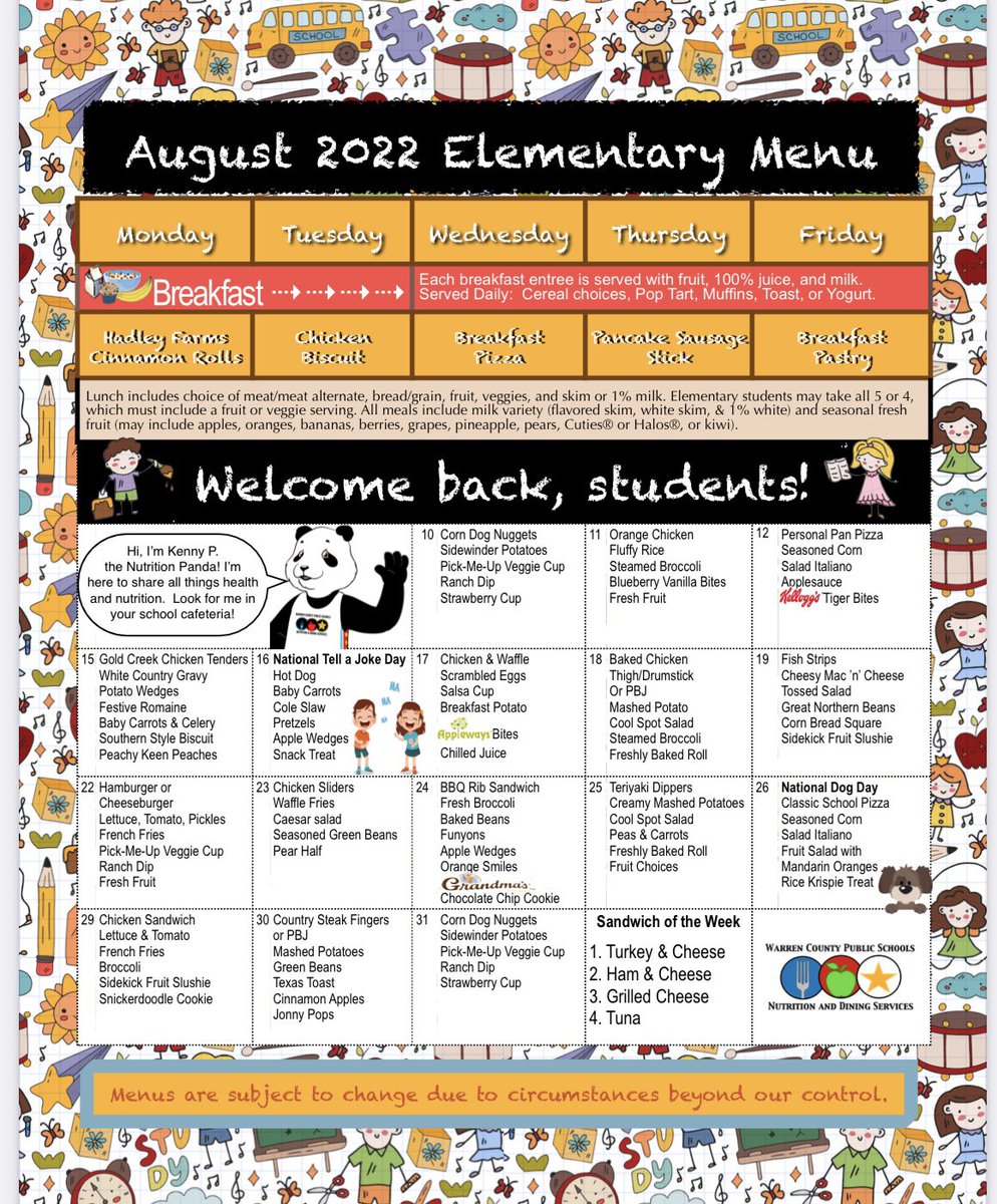 CalvertsKinders's tweet photo. Welcome back, JRES friends.  We are excited to see everyone.  Here is the lunch menu for the start of school. https://t.co/dp8hyrgyLS