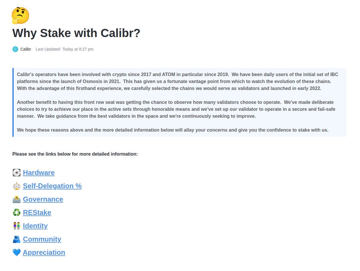 CalibrValidator's tweet photo. Hey all - always a little nerve-wracking to release these things out into the wild for the first time but the time has come!

We've been working on a document that we hope helps provide some clarity into why someone might want to stake with us.

https://t.co/I8jFrIJaMi https://t.co/iznyVEQ6h3