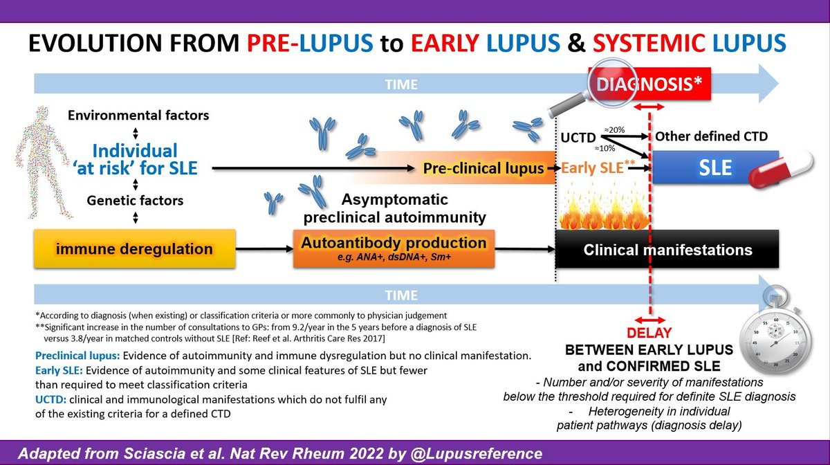 Lupusreference's tweet photo. ✅ What's the difference between EARLY #LUPUS, incomplete #SLE &amp; pre-clinical lupus? 
Well, it is whether 🔎 the clinical manifestations of lupus 🦋 are present (or not) and whether the #DIAGNOSIS 🏨 is yet made (or not) ⬇️ timeline below.
#Rheumtwitter #MedTwitter #MedEd https://t.co/fPRRxrtldr