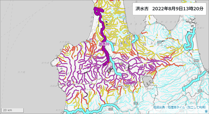 ntvsorajiro's tweet photo. 【青森では河川氾濫に厳重警戒を！】13：20
図は気象庁のキキクルの洪水の危険度マップ。
紫は至って危険で､避難の判断を！
黒いところはすでに災害が発生している可能性が高い！！
弘前市付近では黒い河川が広がっています。
周囲の状況をよく確認して、安全を確保してください。
#大雨��＃洪水 https://t.co/9BvGVfHUUE