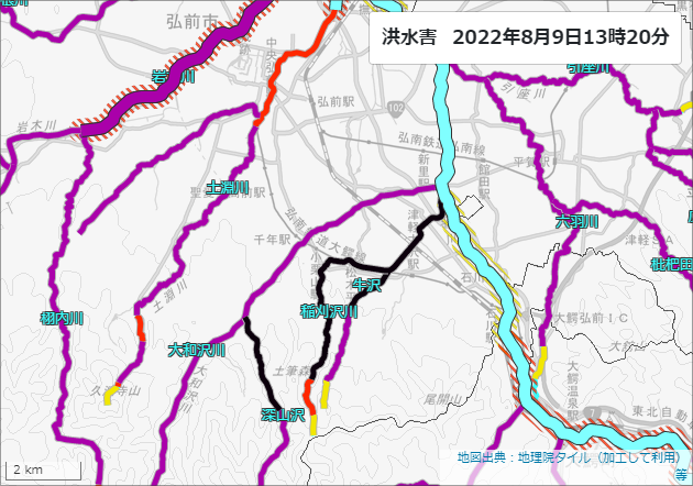 ntvsorajiro's tweet photo. 【青森では河川氾濫に厳重警戒を！】13：20
図は気象庁のキキクルの洪水の危険度マップ。
紫は至って危険で､避難の判断を！
黒いところはすでに災害が発生している可能性が高い！！
弘前市付近では黒い河川が広がっています。
周囲の状況をよく確認して、安全を確保してください。
#大雨��＃洪水 https://t.co/9BvGVfHUUE
