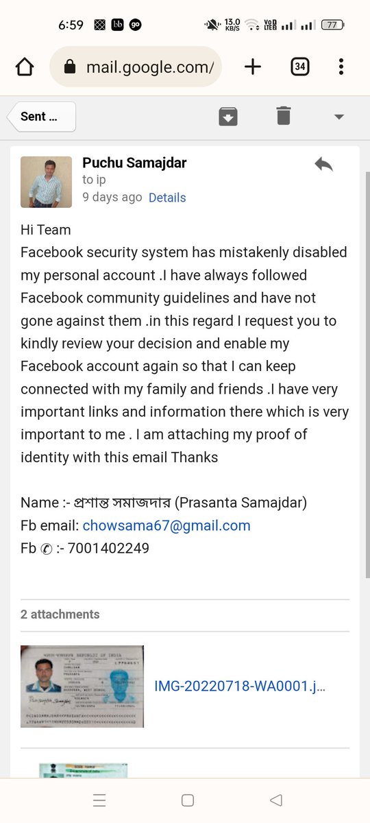 prasantasamajda's tweet photo. @facebook security system by mistakenly disabled my id. Pl look into this matter.
#Facebook #facebookmessenger #facebookdisabledme @MetaNewsroom @Meta @MetaforDevs  @MetaforBusiness @facebookapp https://t.co/oOfTJ9DVqj