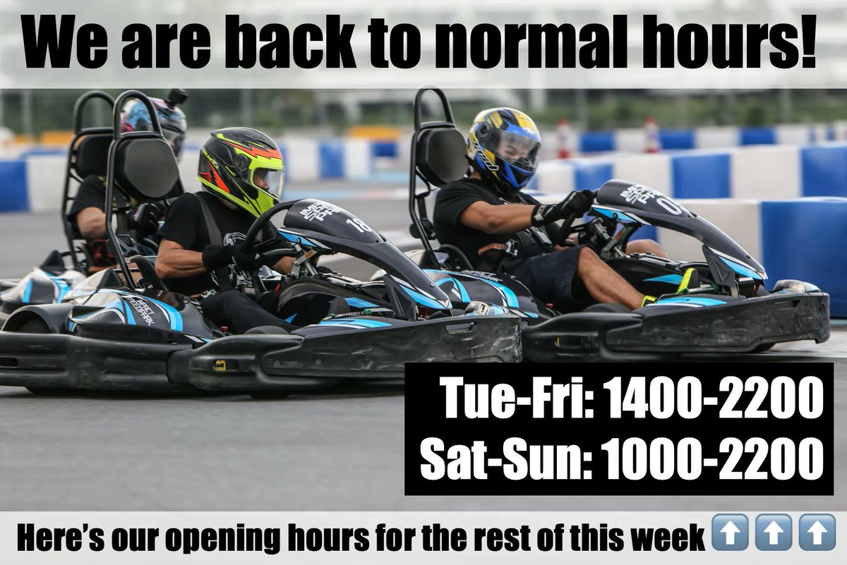 IMPACTSpeedPark's tweet photo. We are back to normal hours!
Here’s our opening hours for the rest of this week:
Tue-Fri: 1400-2200, Sat-Sun: 1000-2200 https://t.co/tLXCOPdyqL