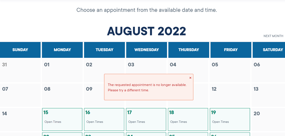robertmeans's tweet photo. @CA_DMV  every "available" time and every day is the same via web or phone.  I've got a new driver that needs her license.  Please fix the appointment system. https://t.co/DFHne6iPM3