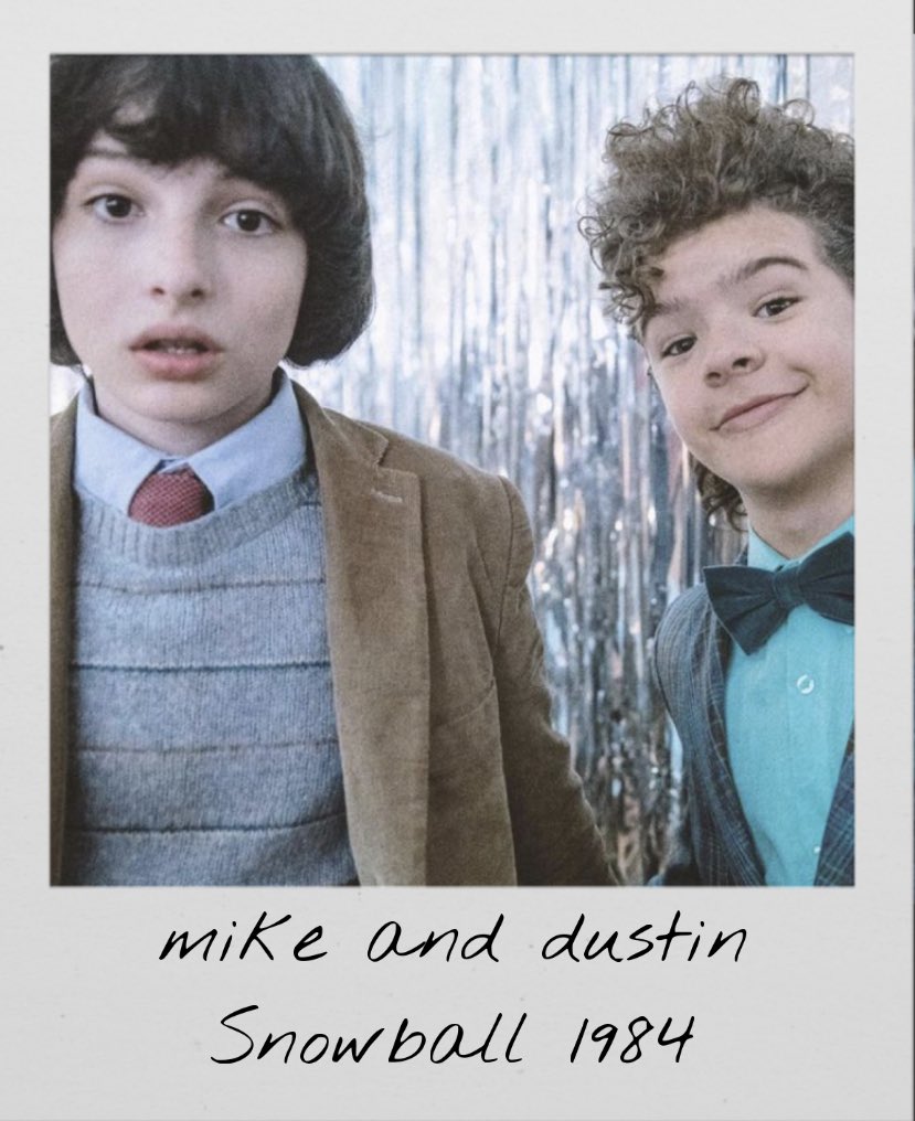strngerpolaroid's tweet image. a polaroid of mike and dustin at the snowball
1984