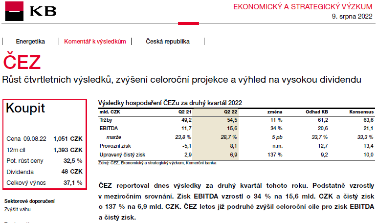 BobTrampota's tweet photo. Dnešní výsledky @SkupinaCEZ podstatně vzrostly. Zejména vysoká cena ele a jádro&amp;uhlí. Zvýšení guidance naznačuje na horním konci divi 100 CZK na jednu akcii. #KBreport je k dispozici zde https://t.co/R6NlNoGz9G od @komercka. https://t.co/21pxYVsfOH